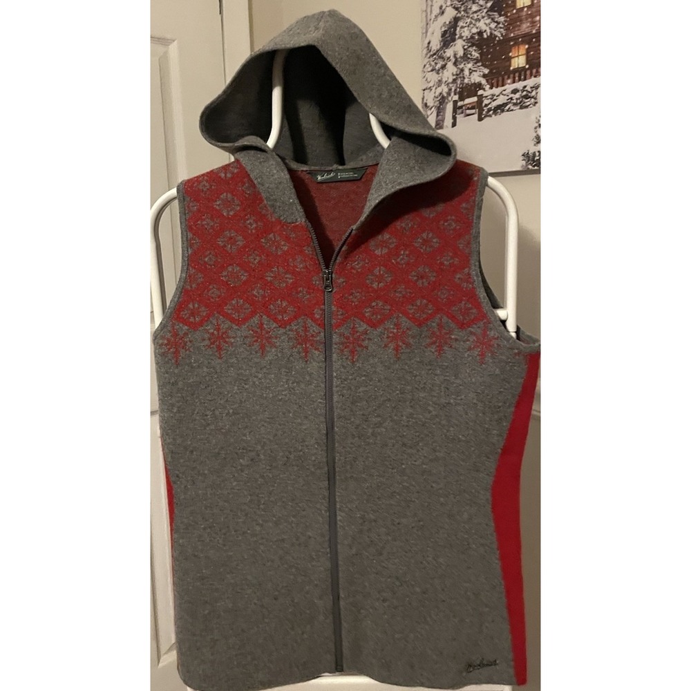 Woolrich Fair Isle Hooded Sweater Vest Womens MED Heather Gray Red Lambswool - Picture 2 of 9